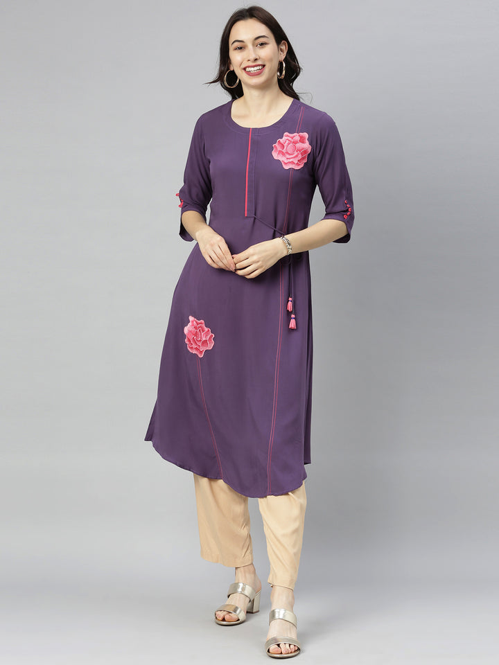 Neerus Purple rayon printed A-line kurti - front view