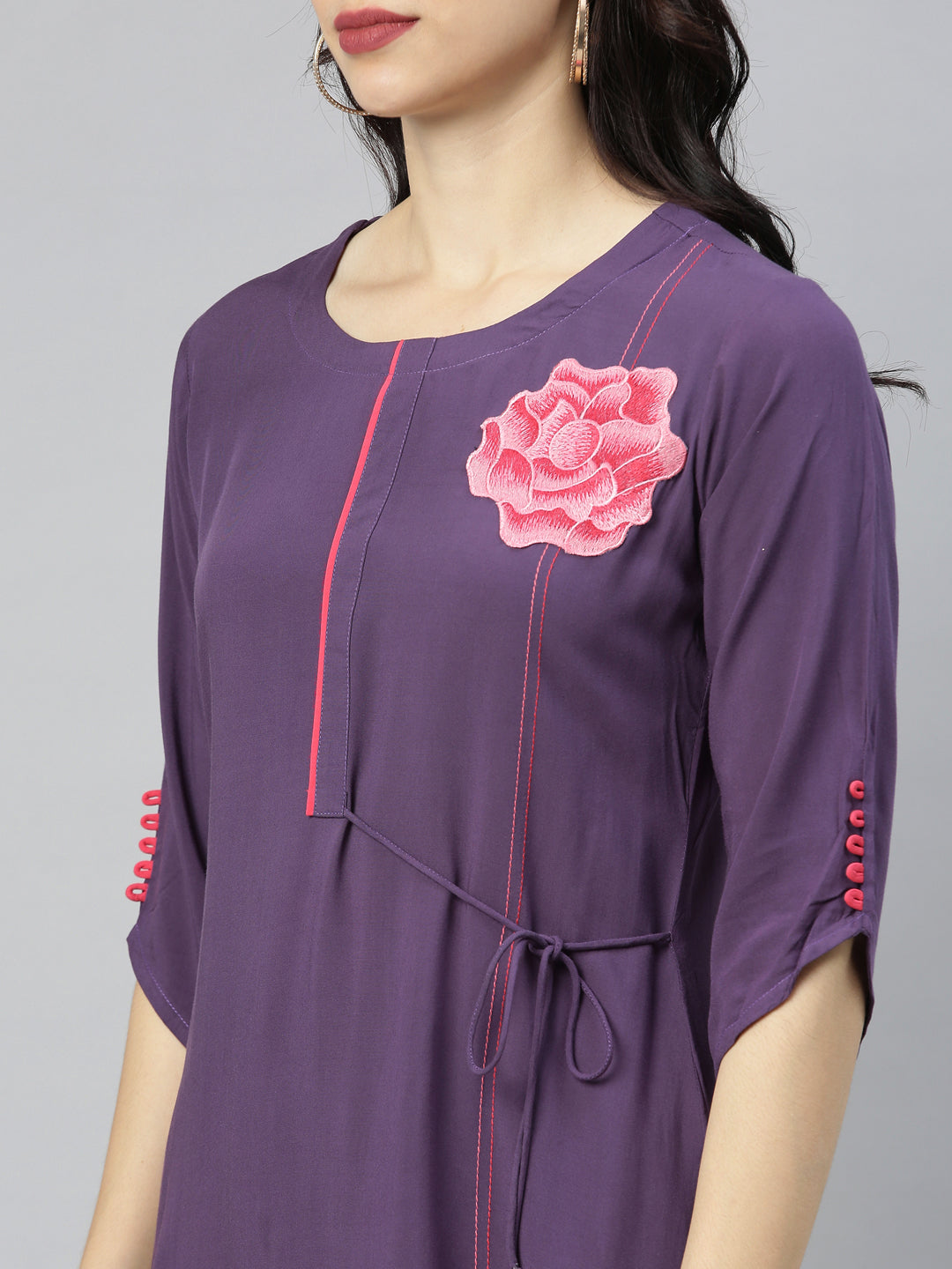 Neerus Purple rayon printed A-line kurti - back view