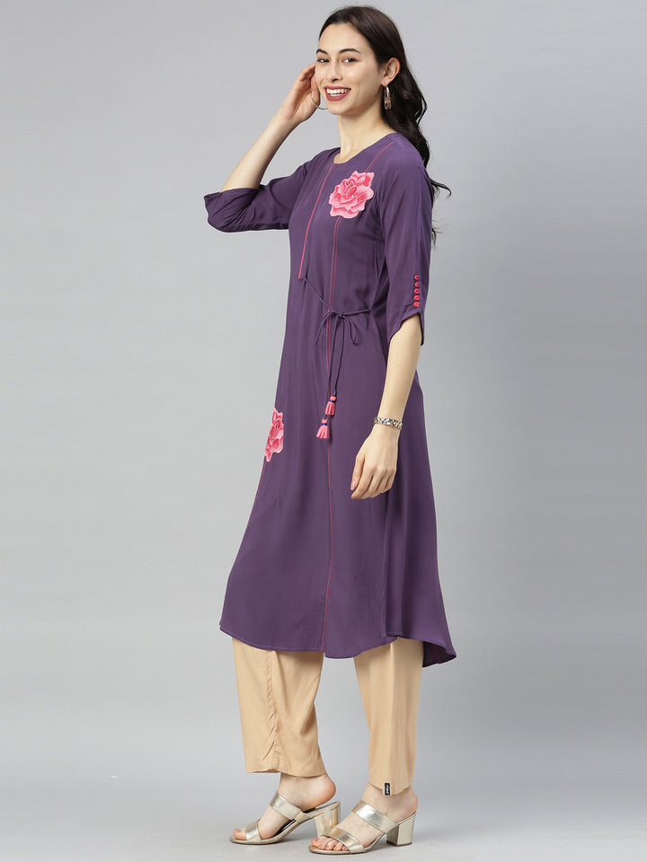 Neerus Purple rayon printed A-line kurti - detail view 2