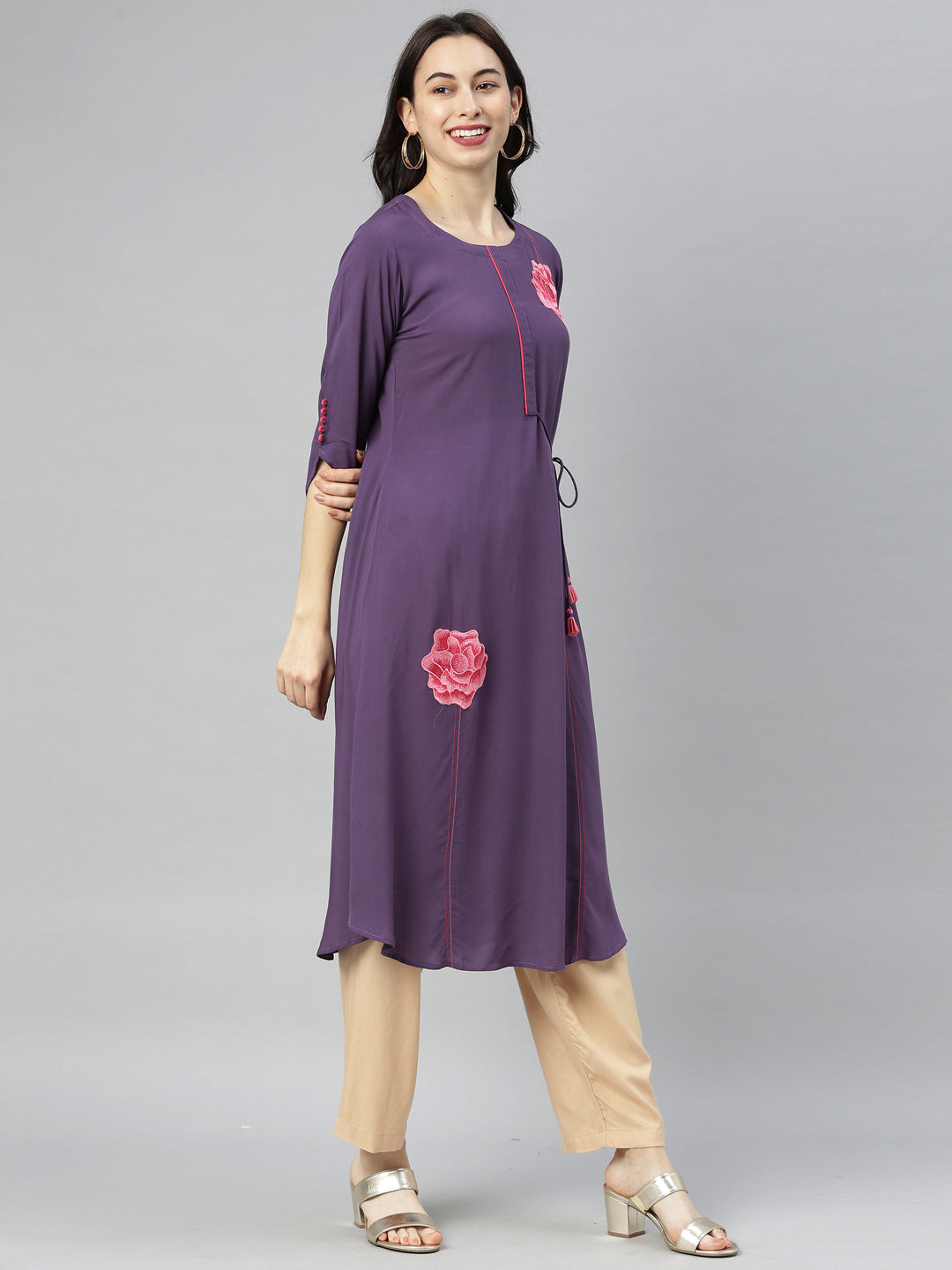 Neerus Purple rayon printed A-line kurti - detail view 3