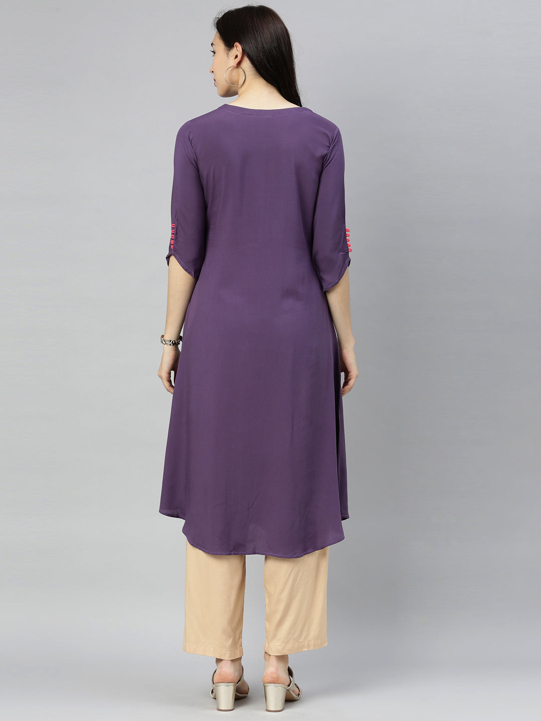 Neerus Purple rayon printed A-line kurti - detail view 4