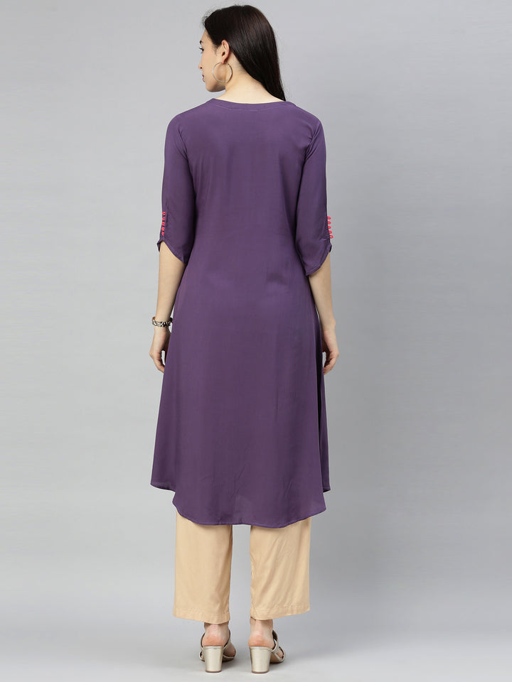 Neerus Purple rayon printed A-line kurti - detail view 4