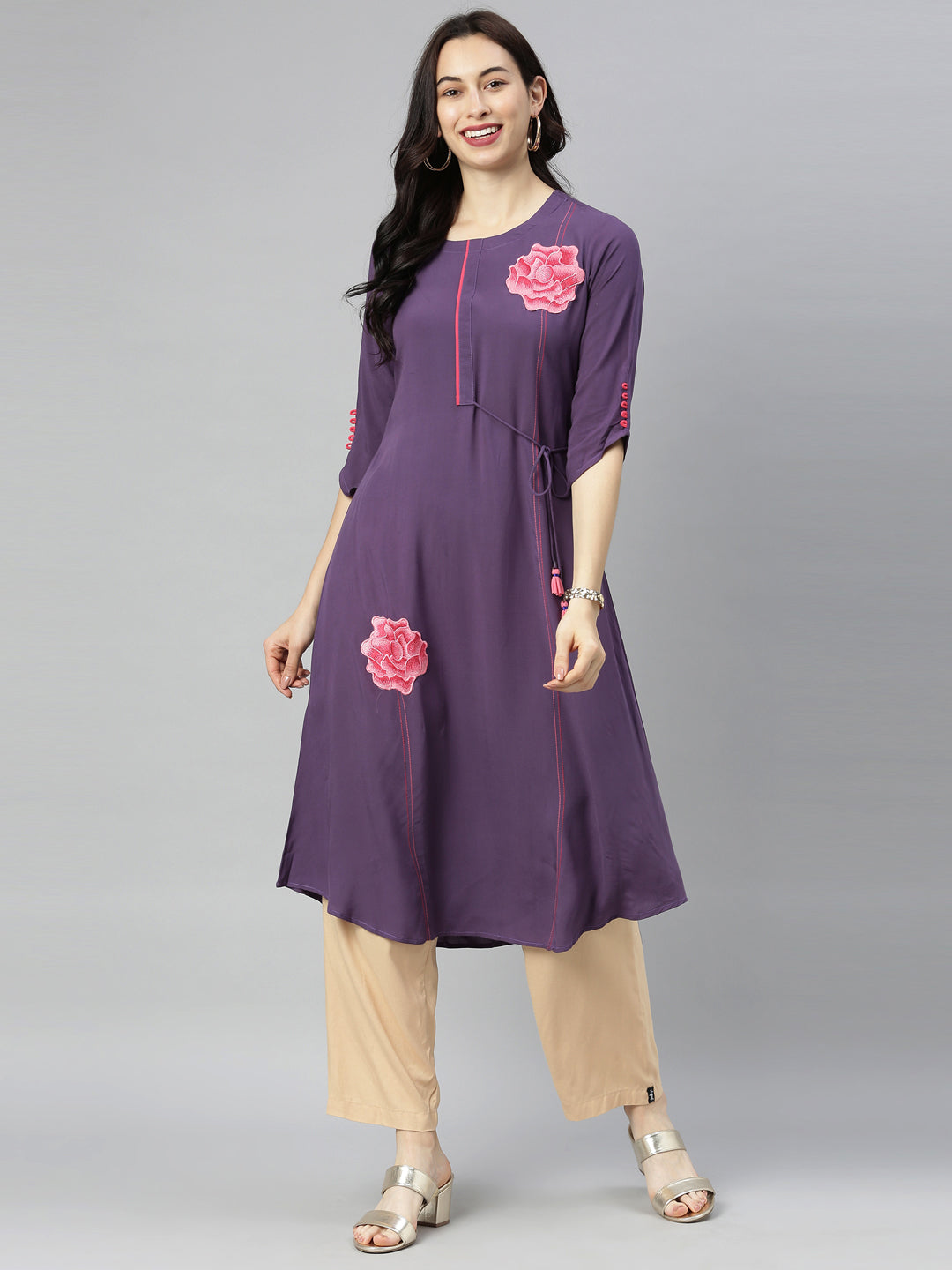 Neerus Purple rayon printed A-line kurti - detail view 5