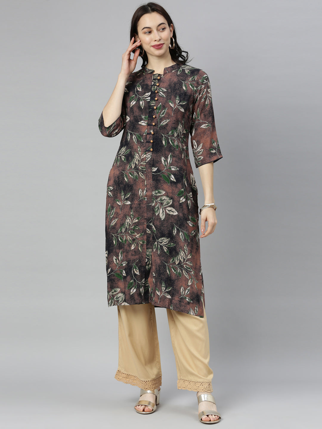 Neerus Brown Printed Straight Kurta