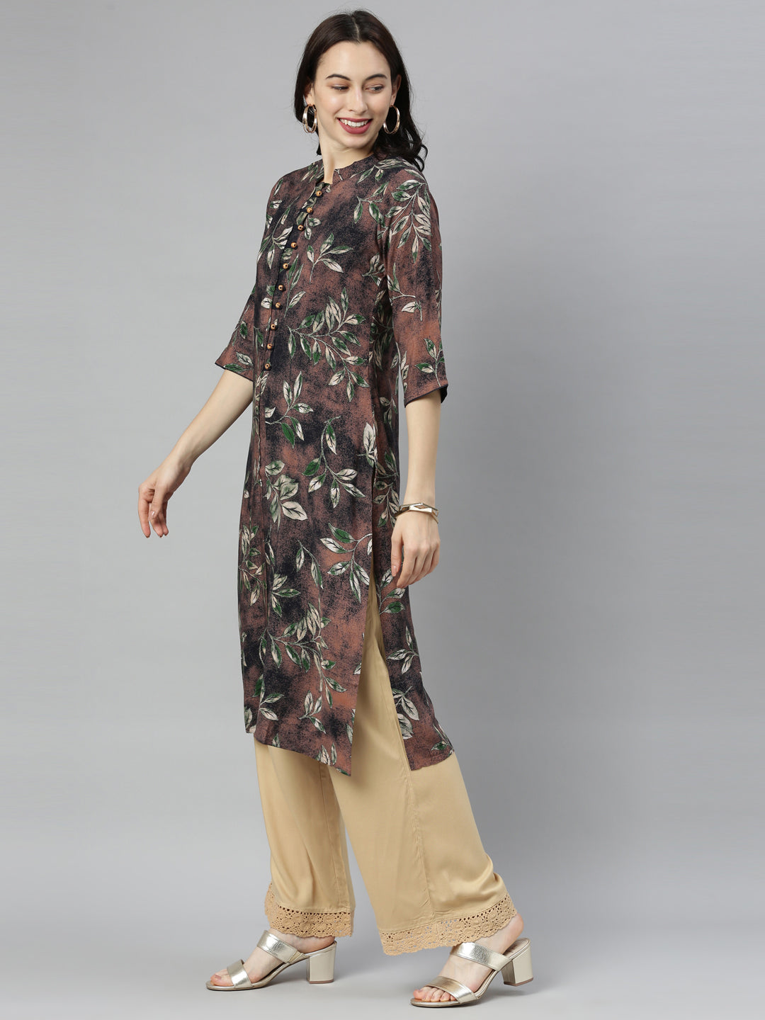 Neerus Brown Printed Straight Kurta