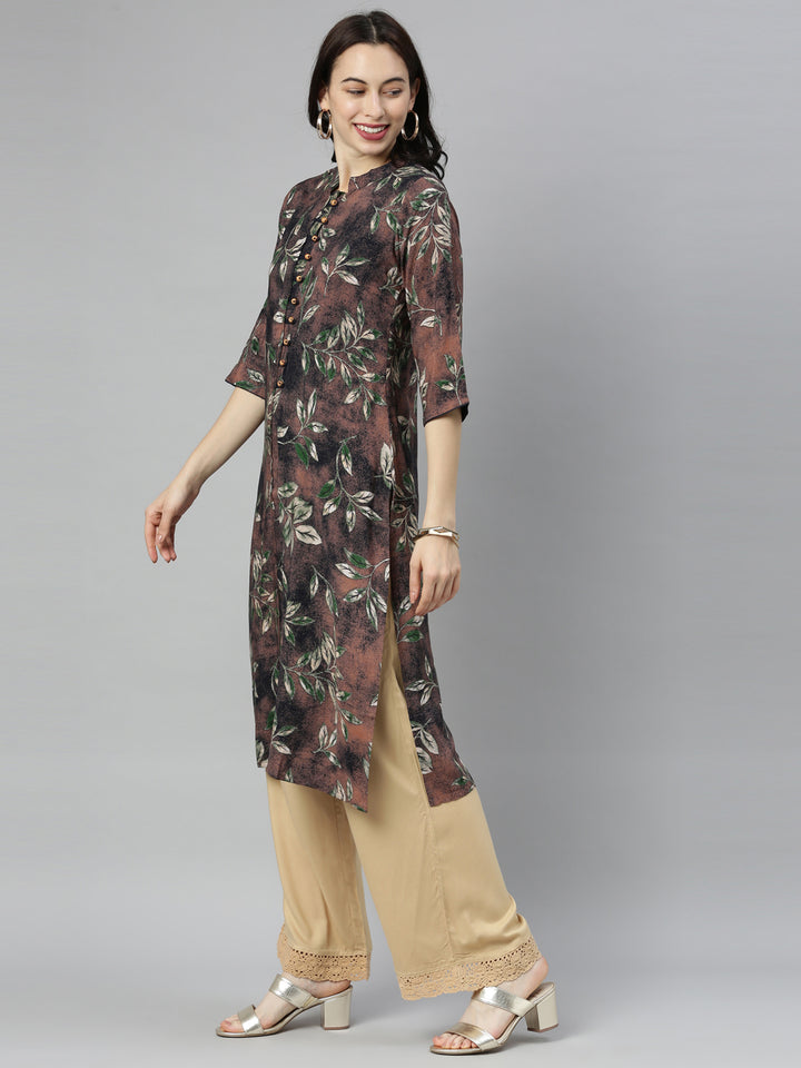 Neerus Brown Printed Straight Kurta