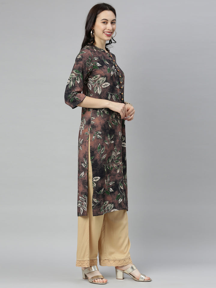 Neerus Brown Printed Straight Kurta