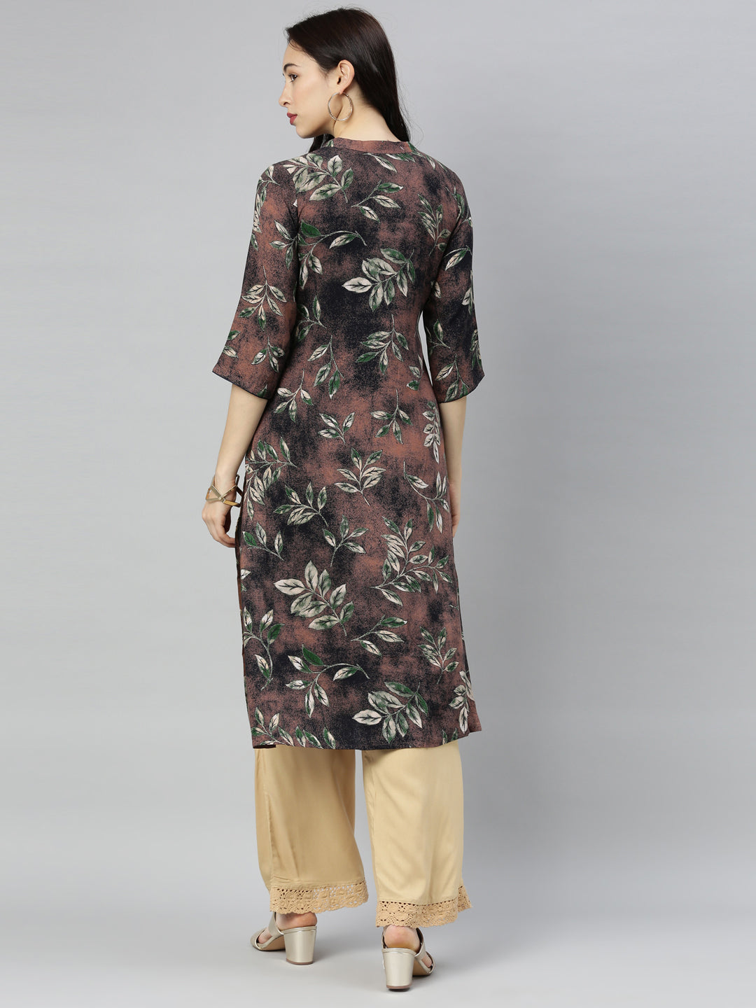 Neerus Brown Printed Straight Kurta