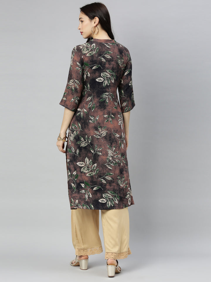 Neerus Brown Printed Straight Kurta
