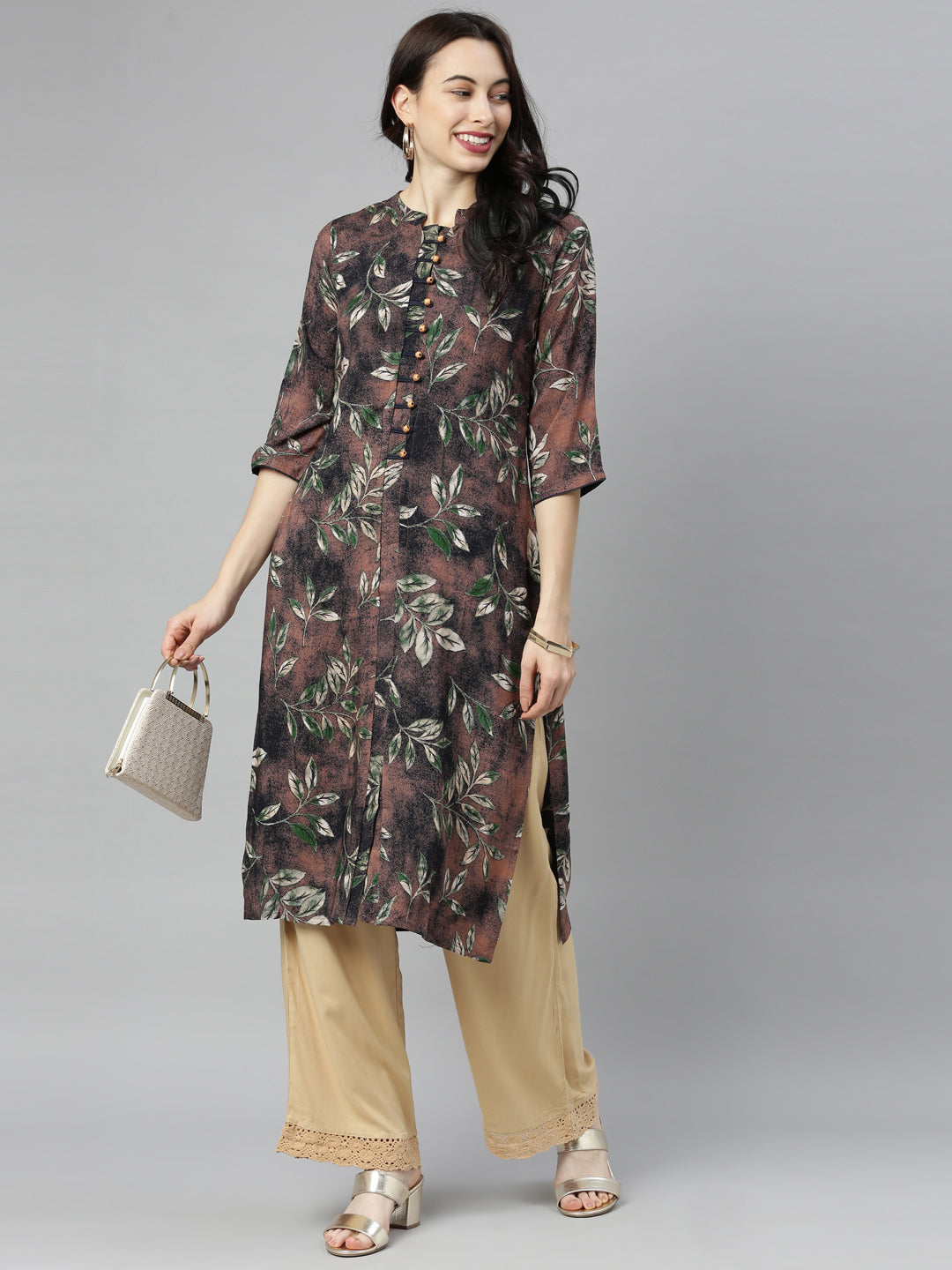 Neerus Brown Printed Straight Kurta