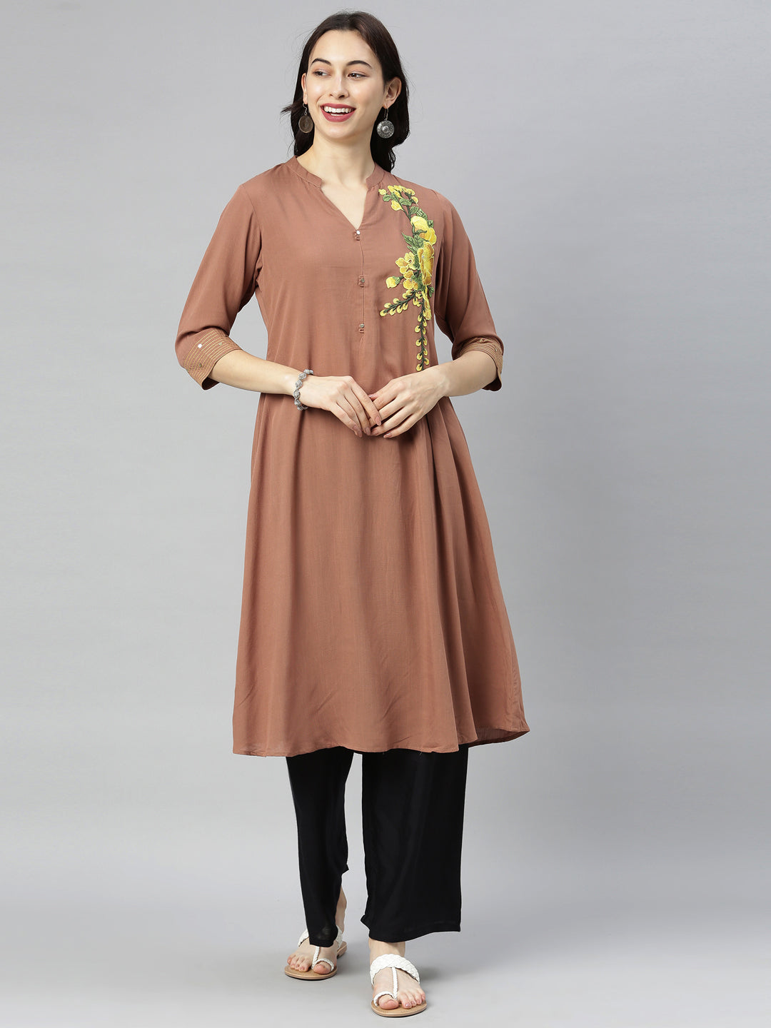 Neerus Brown embroidered A-Line kurta - front view