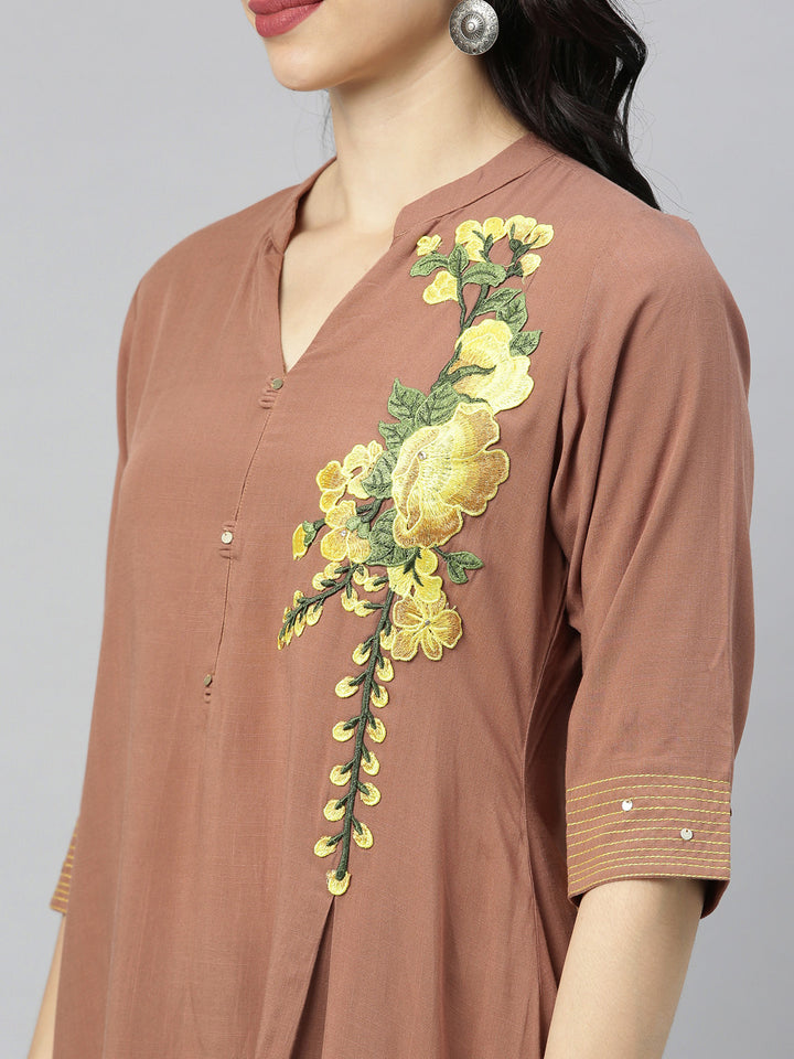 Neerus Brown embroidered A-Line kurta - back view
