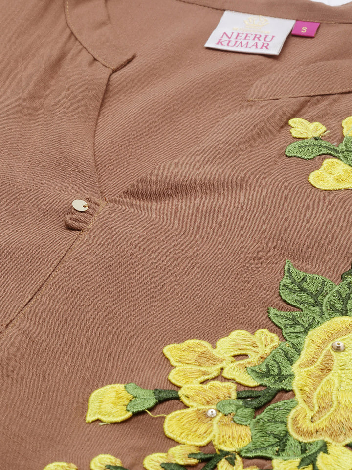 Neerus Brown embroidered A-Line kurta - side view
