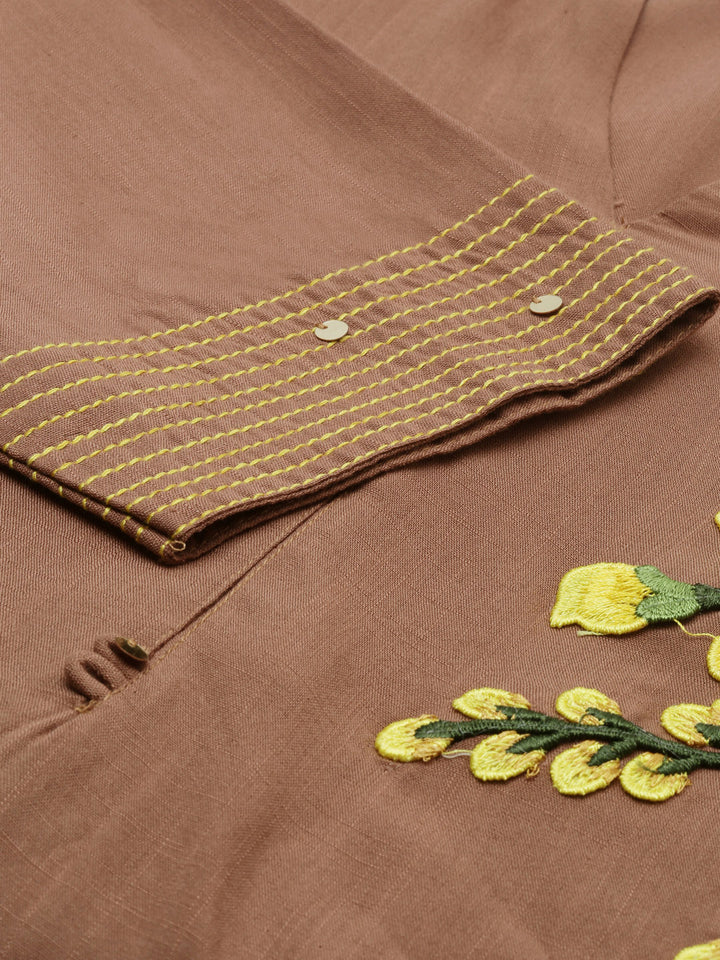 Neerus Brown embroidered A-Line kurta - detail view 1