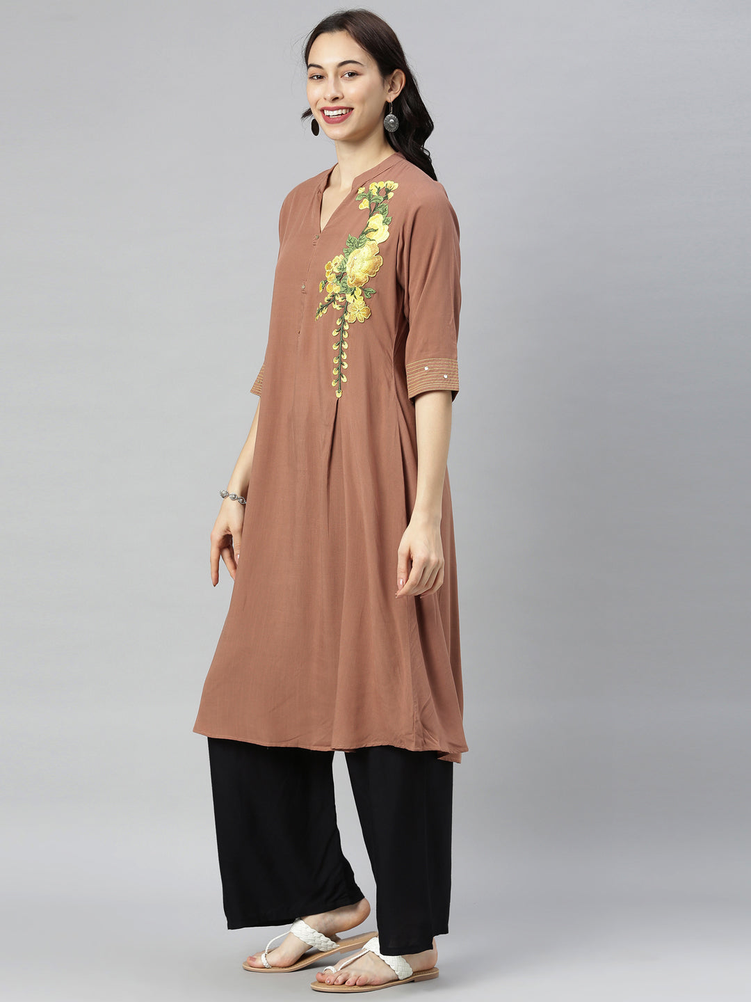 Neerus Brown embroidered A-Line kurta - detail view 2