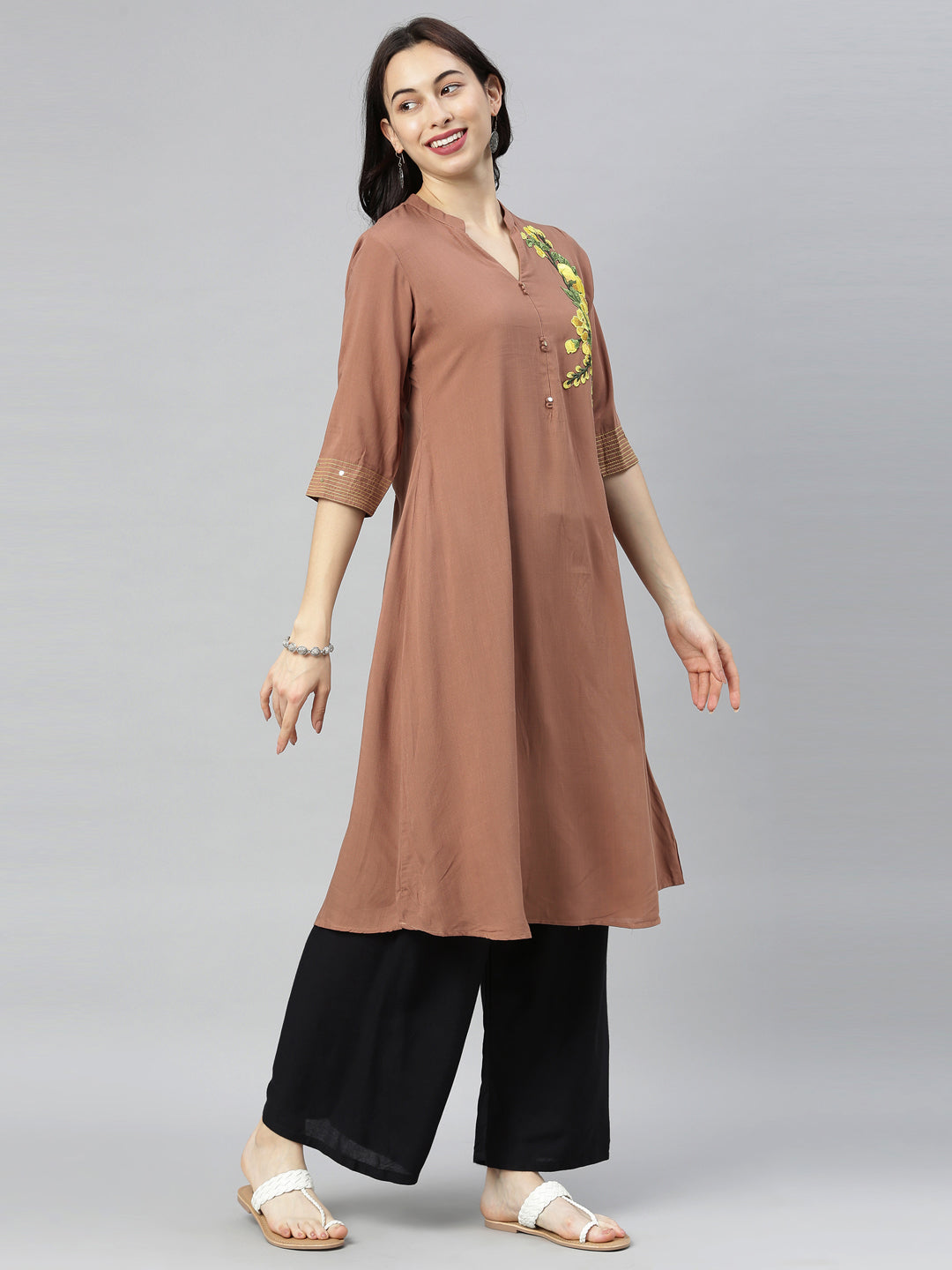 Neerus Brown embroidered A-Line kurta - detail view 3