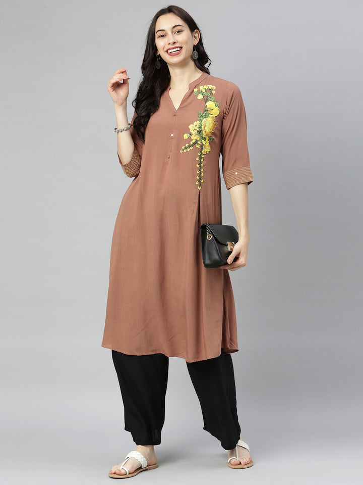 Neerus Brown embroidered A-Line kurta - detail view 5