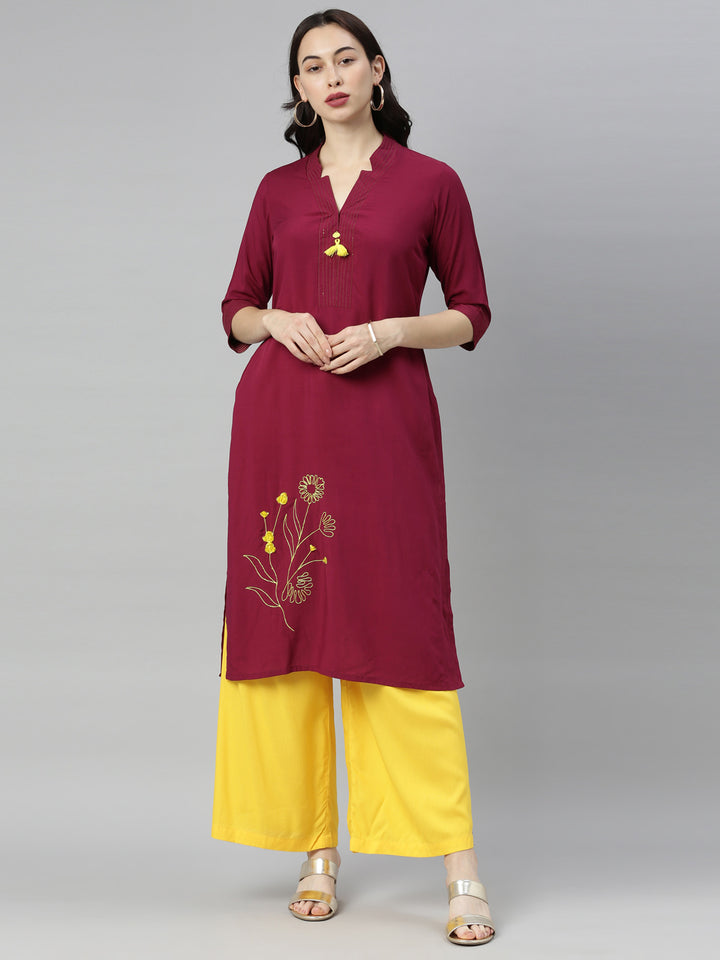 Neerus Maroon Embroidered Straight Kurta
