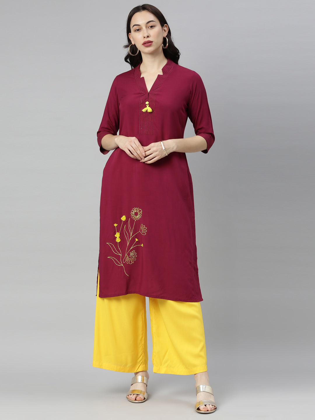 Neeru's Maroon Embroidered Straight Kurta