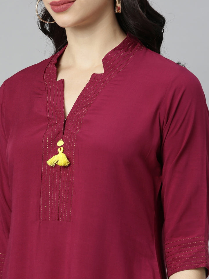 Neerus Maroon Embroidered Straight Kurta