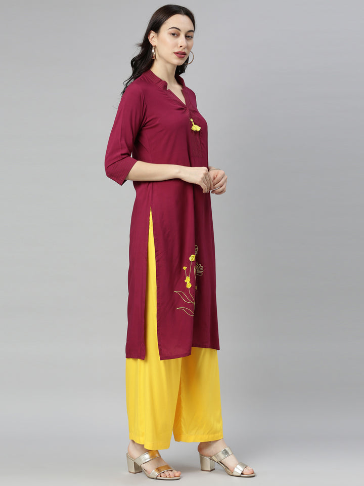 Neerus Maroon Embroidered Straight Kurta