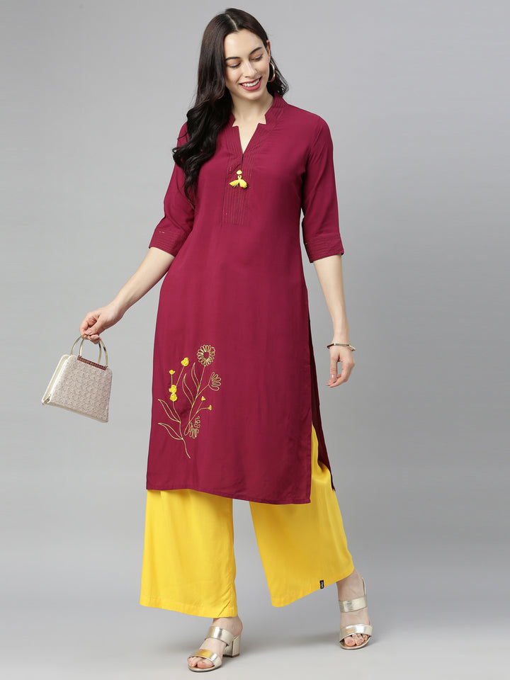 Neerus Maroon Embroidered Straight Kurta