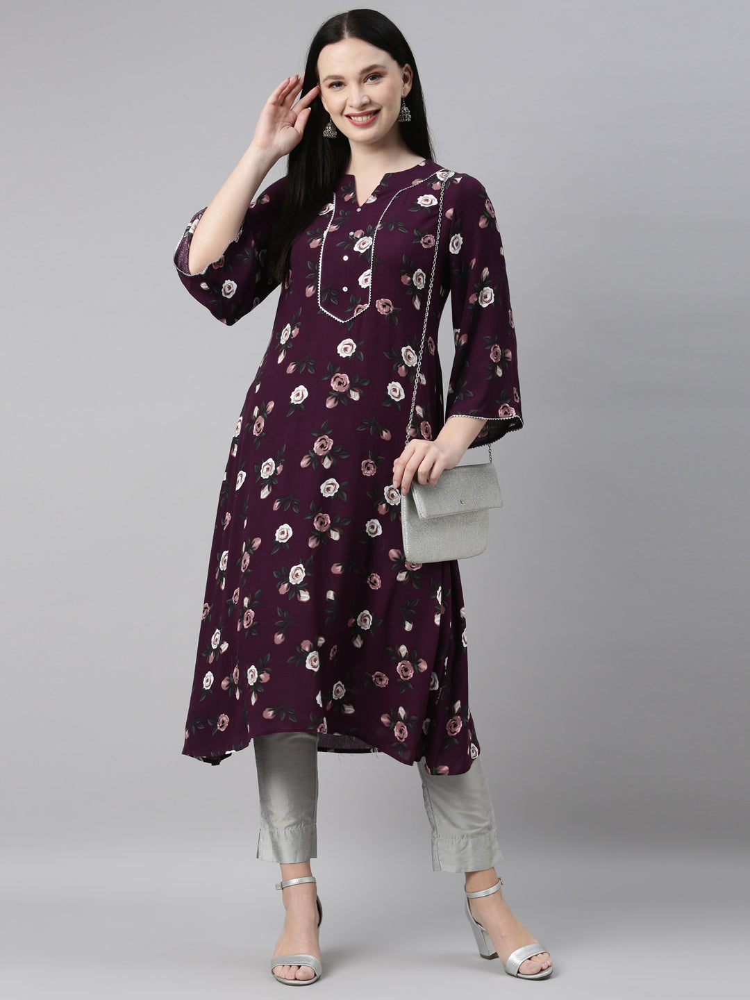 Neerus Purple Color Chiffon Fabric Kurta