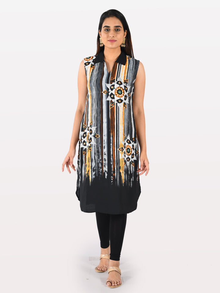Neerus Black georgette solid kurti - front view