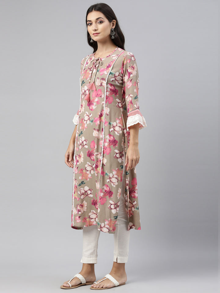 Neerus Beige Color Rayon Fabric Tunic