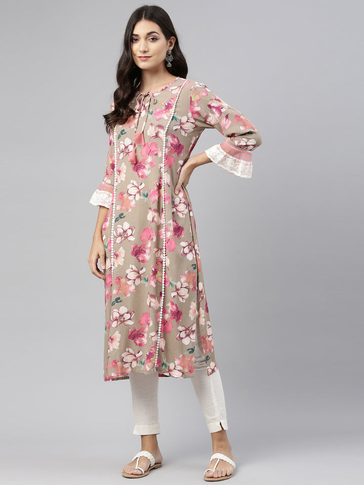 Neerus Beige Color Rayon Fabric Tunic