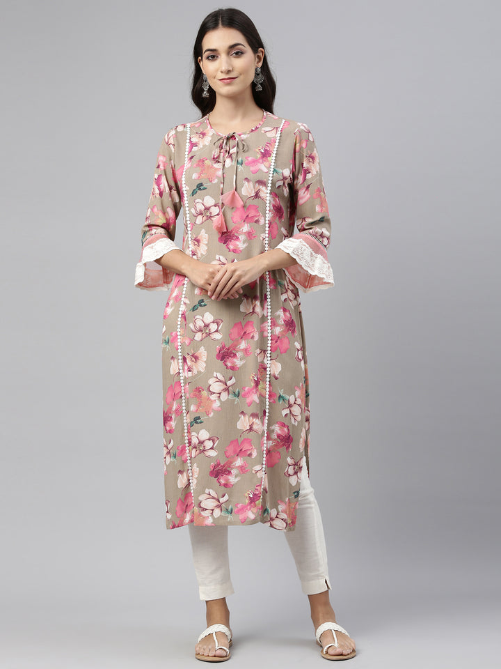 Neerus Beige Color Rayon Fabric Tunic