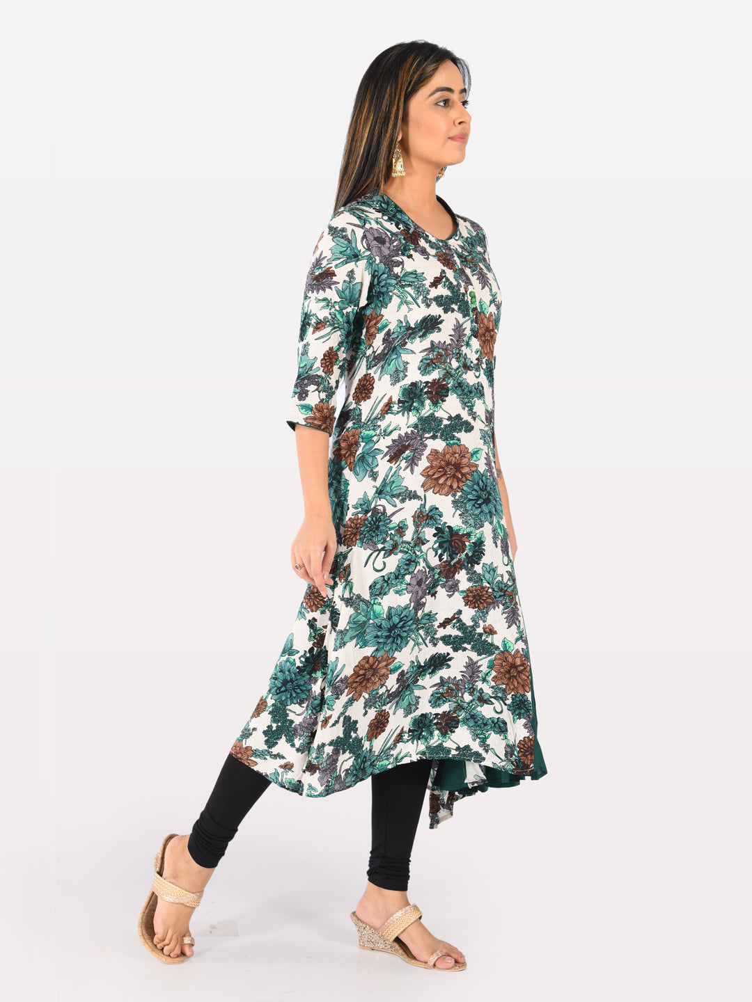 Neerus Green rayon printed kurti tunic - back view