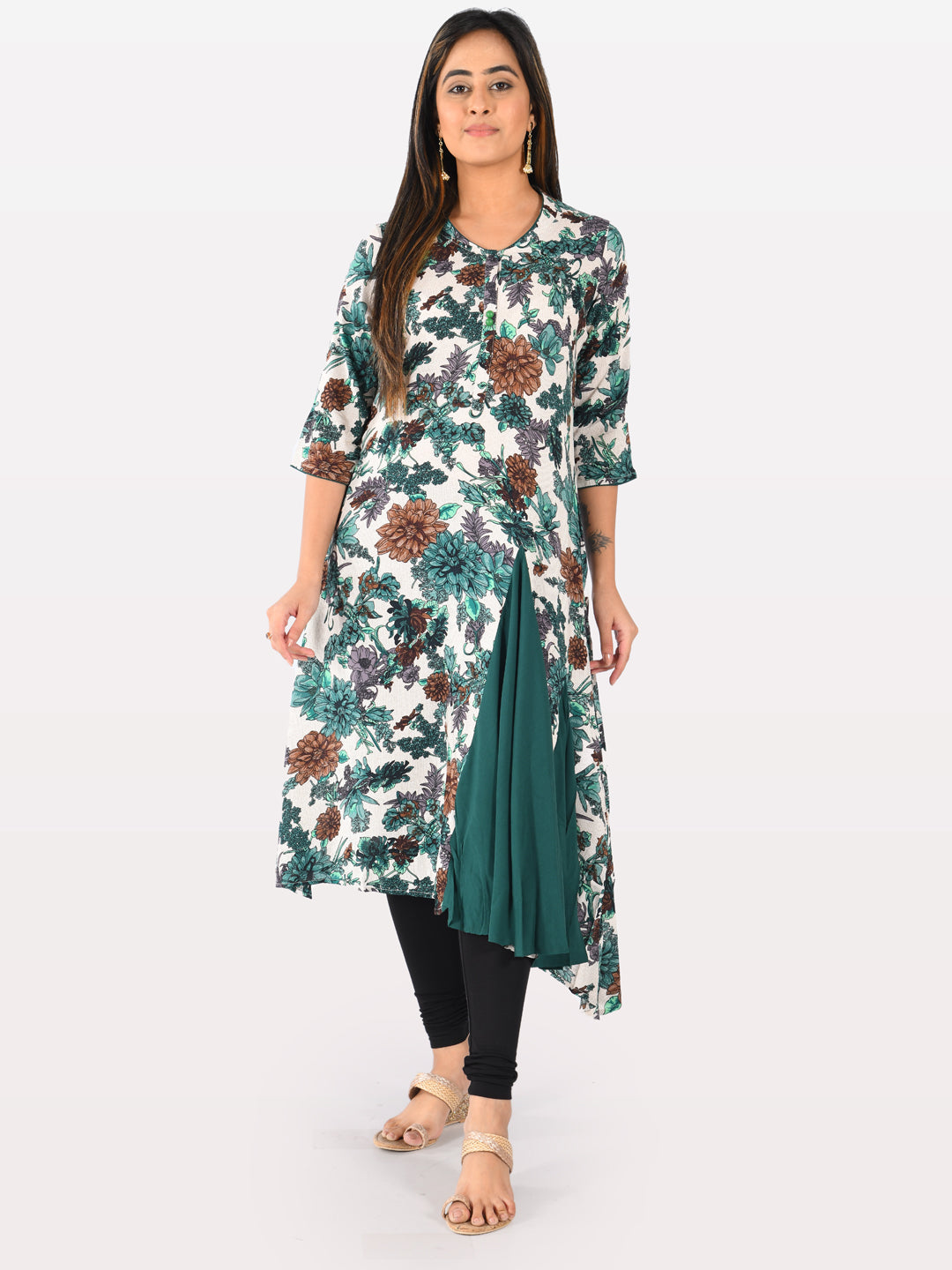 Neerus Green rayon printed kurti tunic - front view
