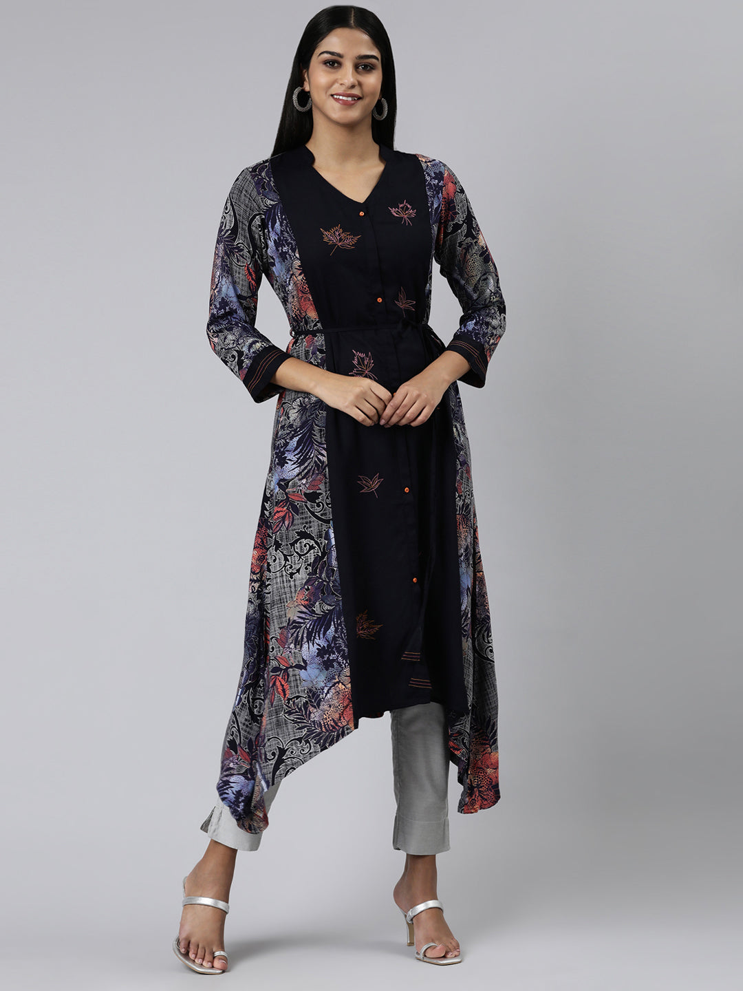 Neerus Navy Blue Curved Printed Viscose Rayon Kurtas