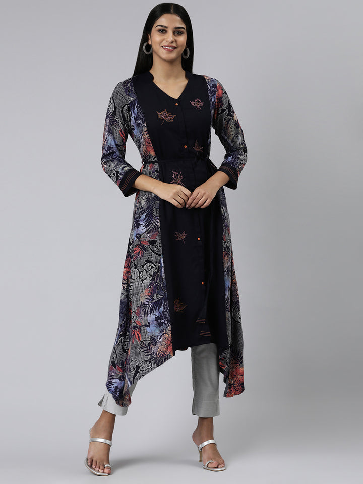 Neerus Navy Blue Curved Printed Viscose Rayon Kurtas