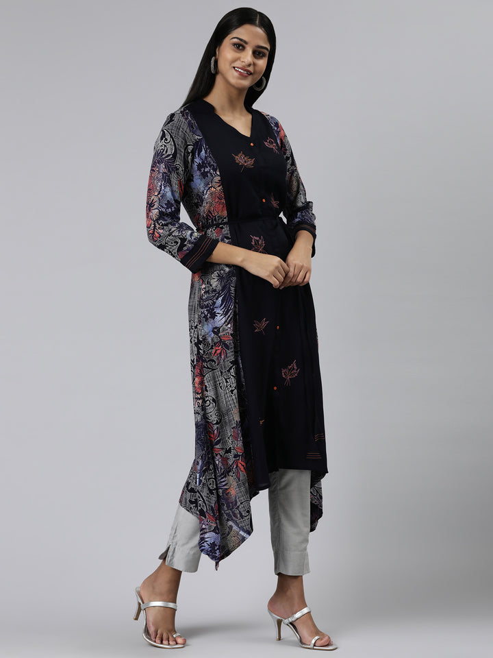 Neerus Navy Blue Curved Printed Viscose Rayon Kurtas