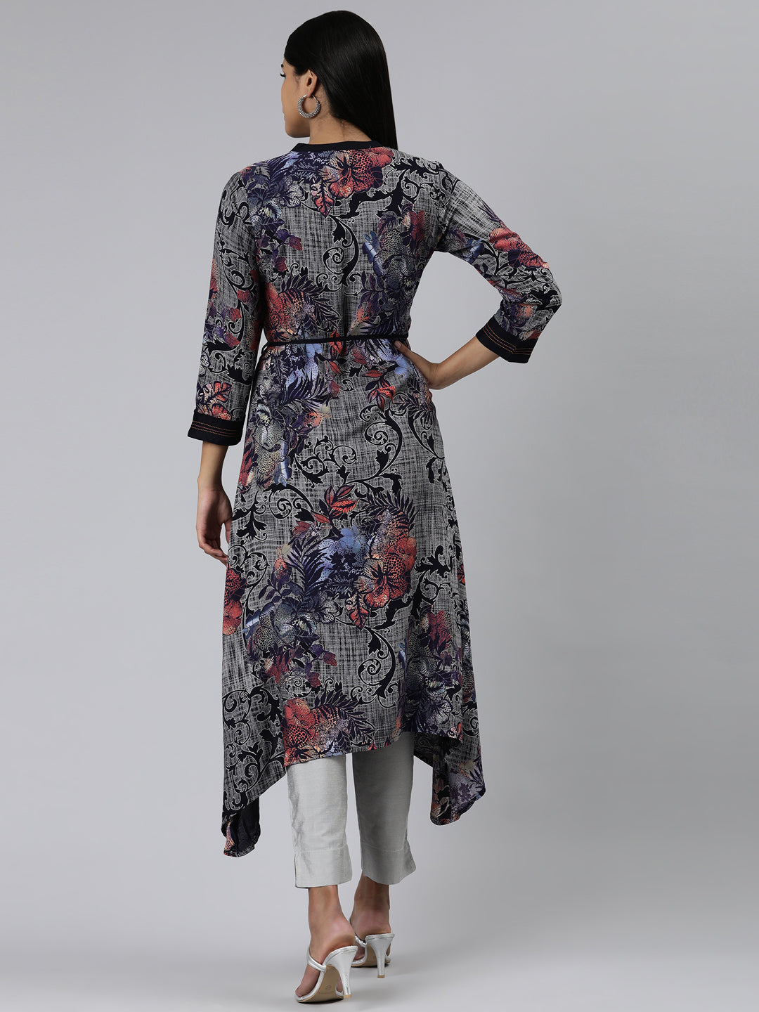 Neerus Navy Blue Curved Printed Viscose Rayon Kurtas