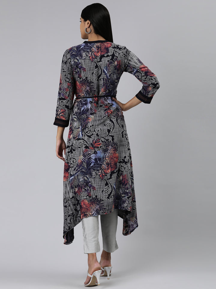 Neerus Navy Blue Curved Printed Viscose Rayon Kurtas