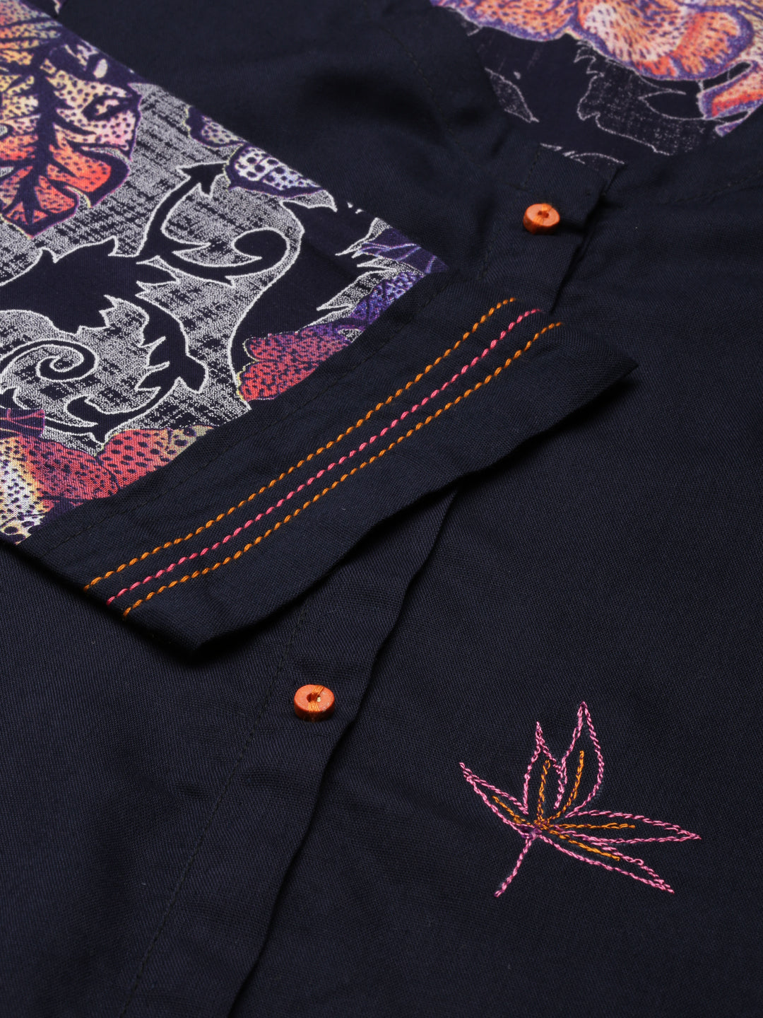 Neerus Navy Blue Curved Printed Viscose Rayon Kurtas