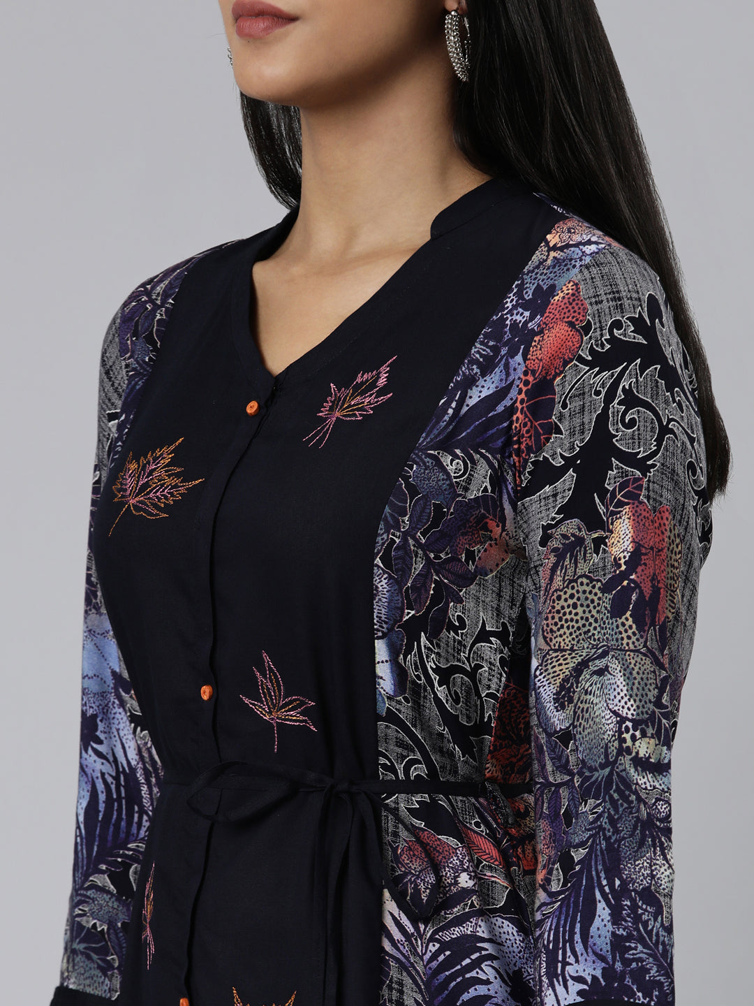 Neerus Navy Blue Curved Printed Viscose Rayon Kurtas