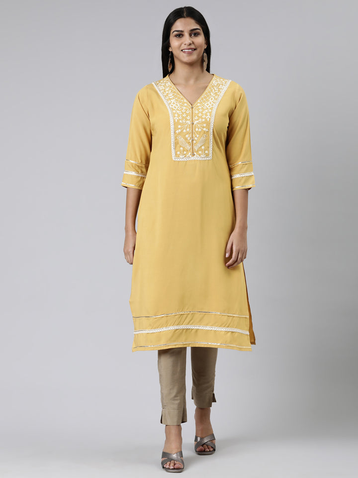 Neerus Mustard Straight Embroidered Viscose Rayon Kurtas