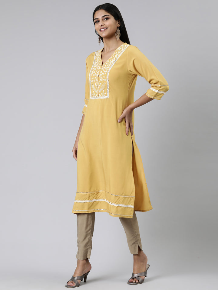 Neerus Mustard Straight Embroidered Viscose Rayon Kurtas