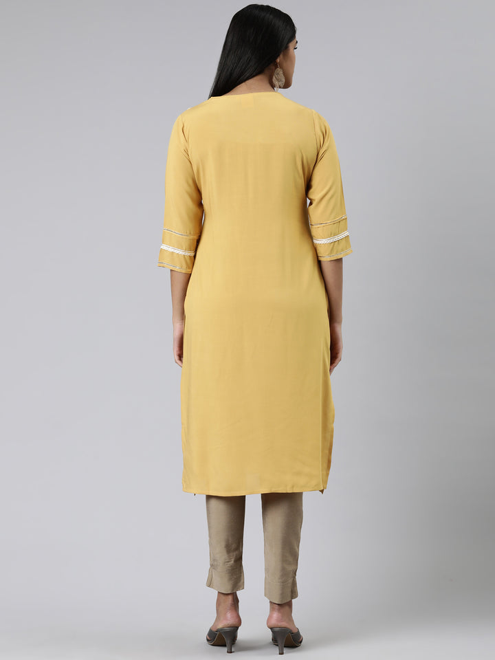 Neerus Mustard Straight Embroidered Viscose Rayon Kurtas