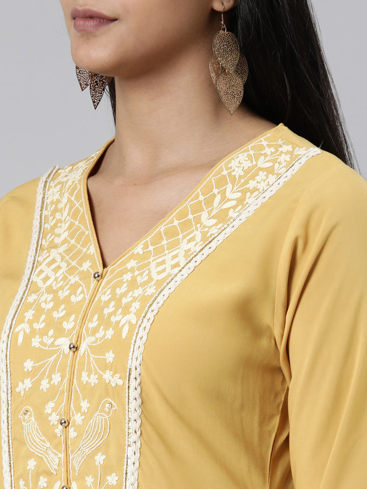 Neerus Mustard Straight Embroidered Viscose Rayon Kurtas
