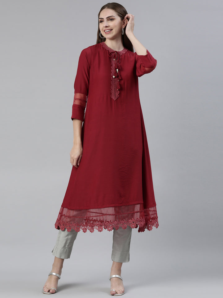 Neerus Maroon Straight Regular Viscose Rayon Kurtas