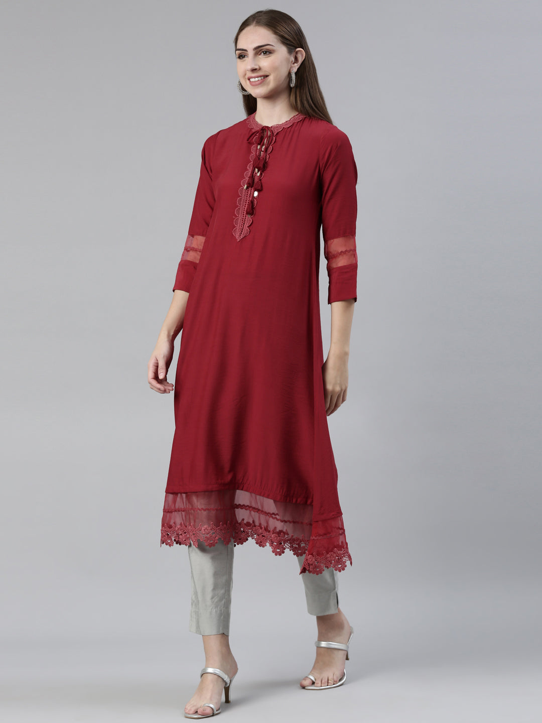 Neerus Maroon Straight Regular Viscose Rayon Kurtas
