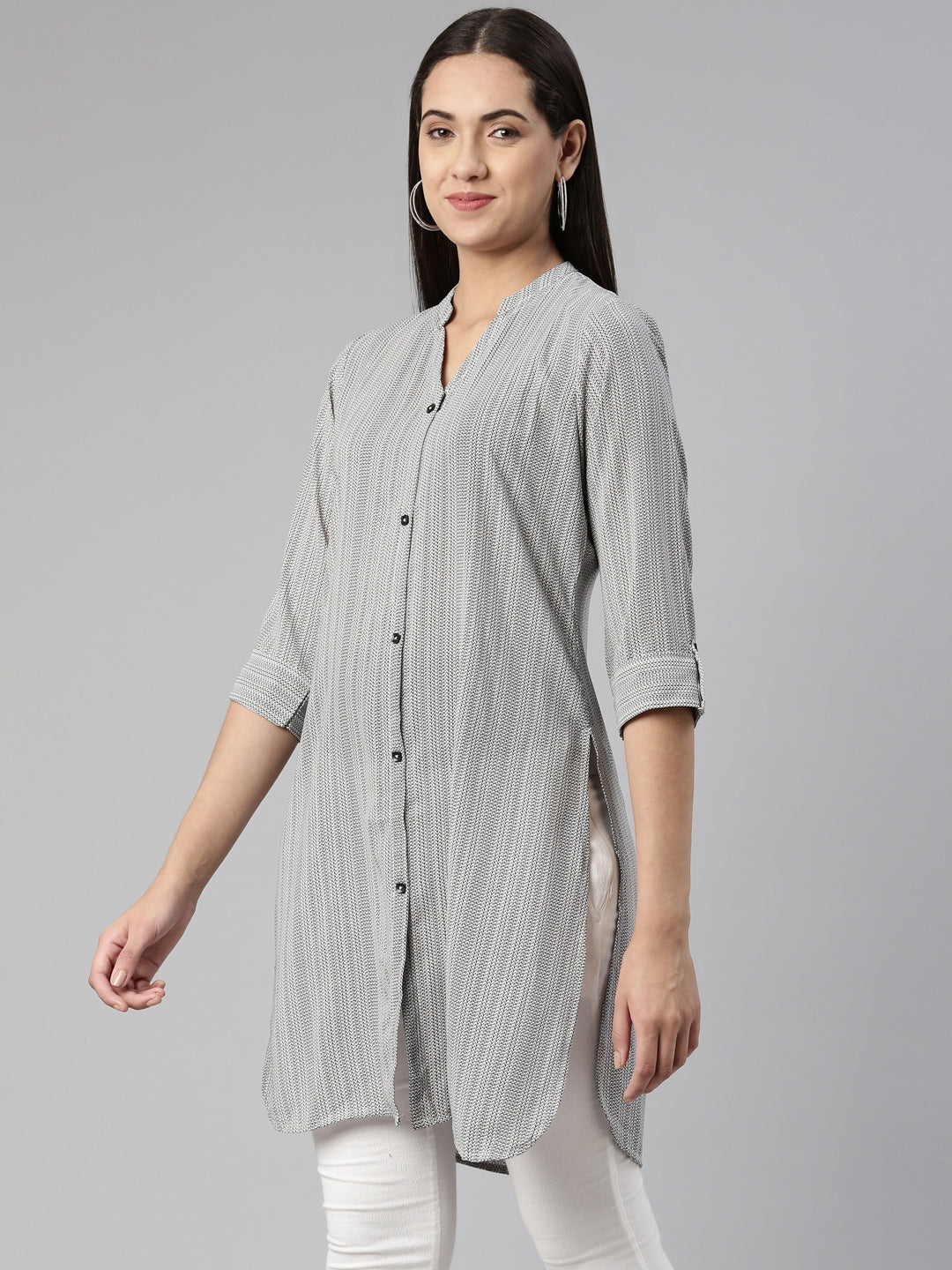 Neerus Grey Curved Cotton Silk Kurtas