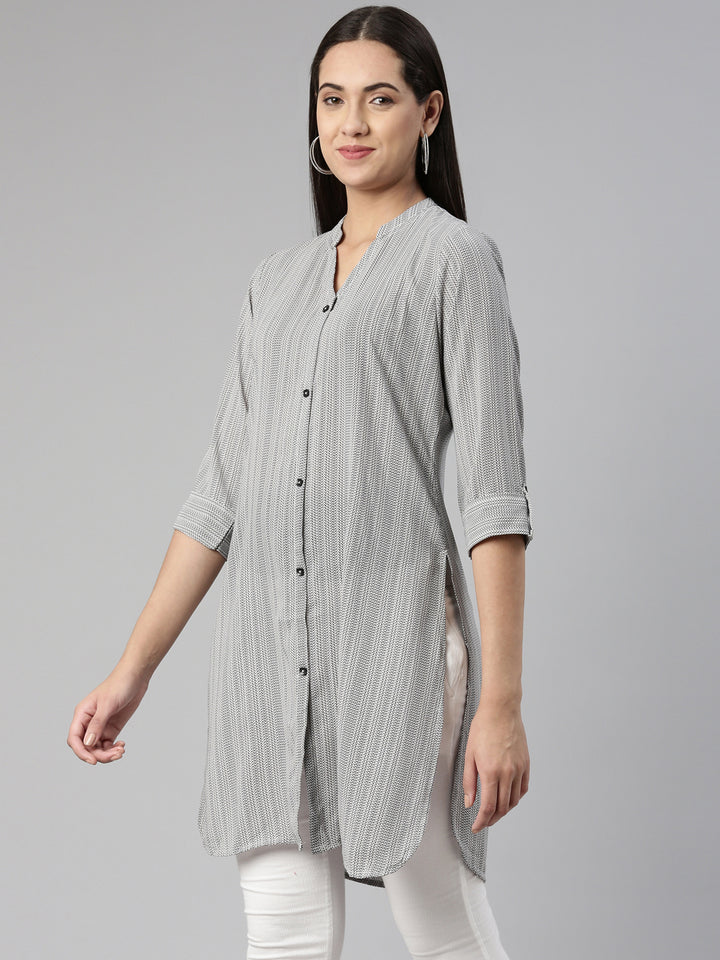 Neerus Grey Curved Cotton Silk Kurtas
