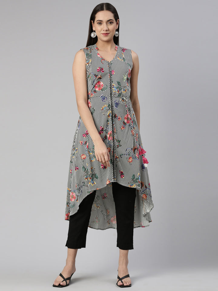 Neerus Printed Kaftan Curved Cotton Silk Kurta