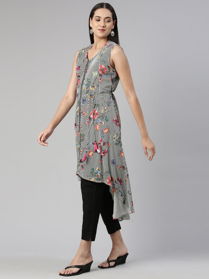 Neerus Printed Kaftan Curved Cotton Silk Kurta